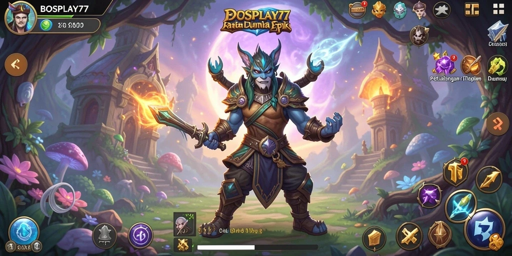 Screenshot BOSPLAY77 menampilkan pertarungan seru di dunia fantasi.