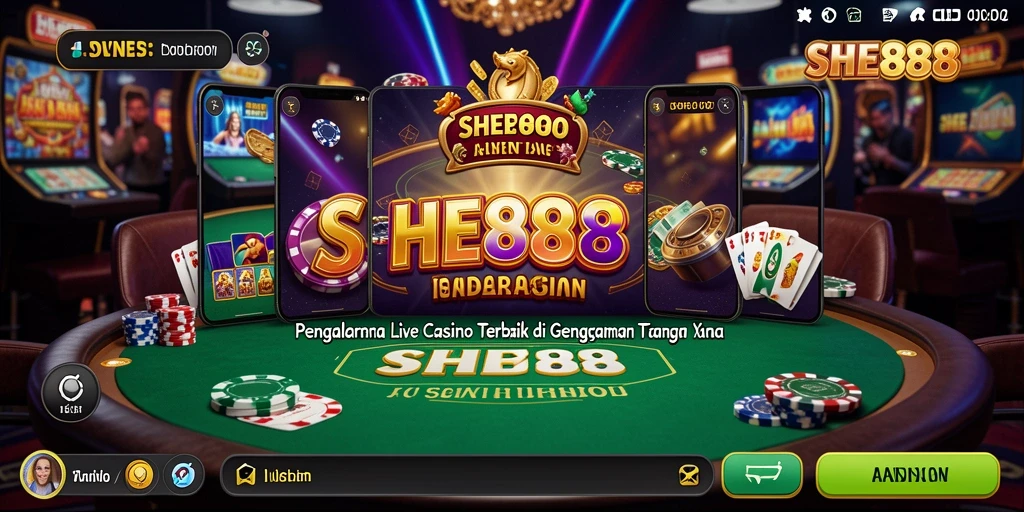 Screenshot gameplay SHE888 menampilkan dealer dan meja Live Casino.